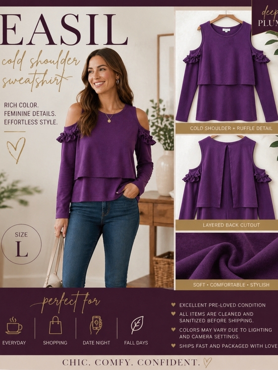 easel Tops - Easil Plum Cold Shoulder Sweatshirt Top Ruffle Cutout Back Layered Blouse Size L